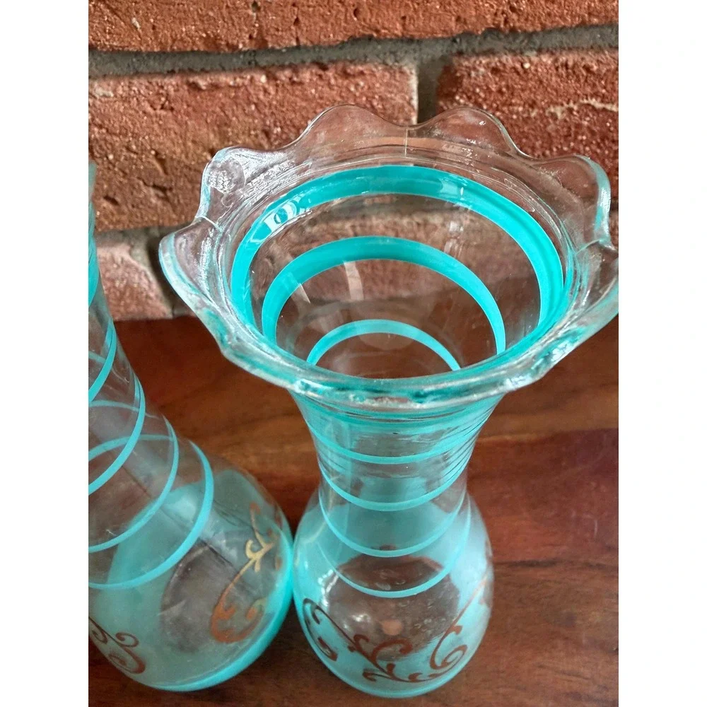 Vintage Midcentury Art Glass Vases – Aqua Spiral Swirl, Gold Scroll Accents